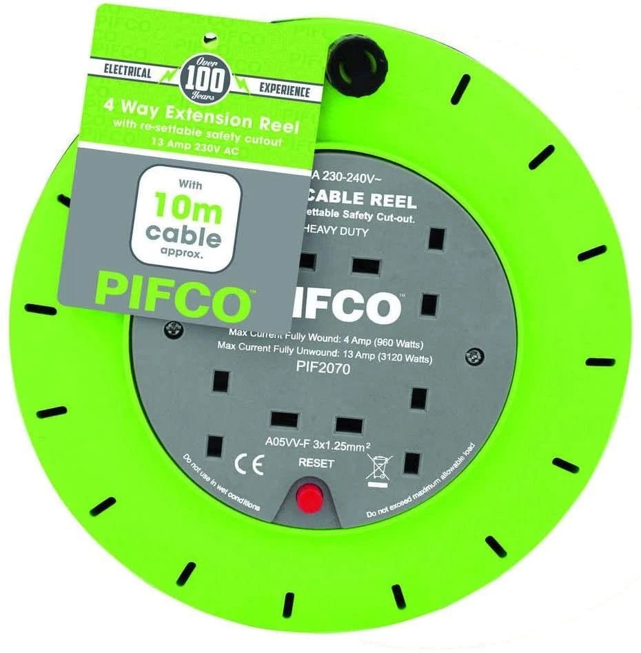 Pifco 4 Way 10m Heavy Duty Extension Reel in Cassette - Safety Cut Out Switch