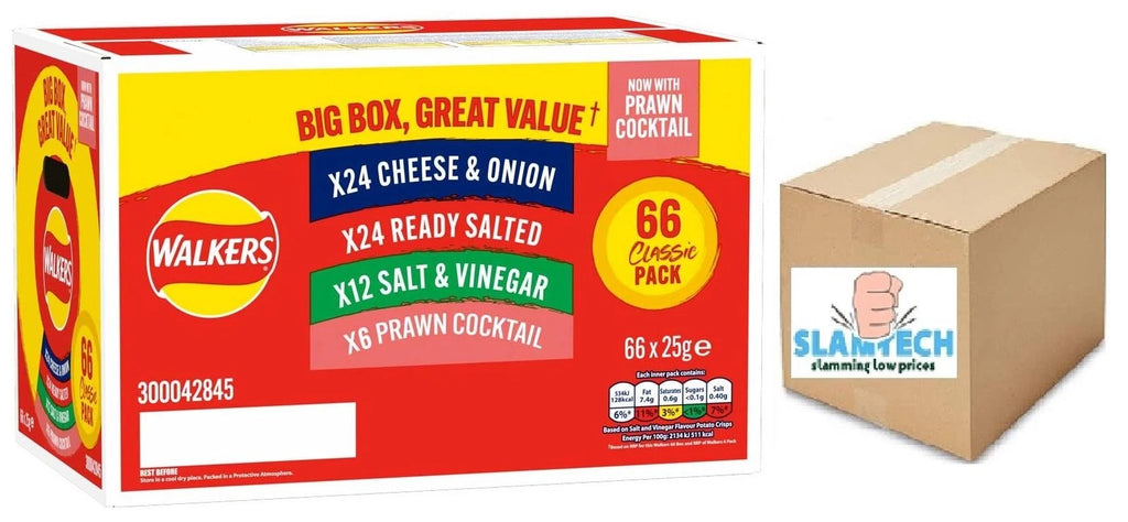 Walkers Crisps Variety Box Mix Classic Salt Cheese Onion Vinegar 66 x 25g Pack