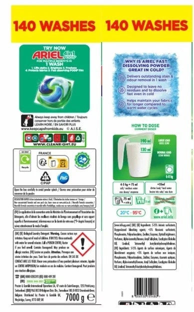 Ariel Actilift Laundry Detergent Powder – 140 Washes Family Value Pack - 7kg