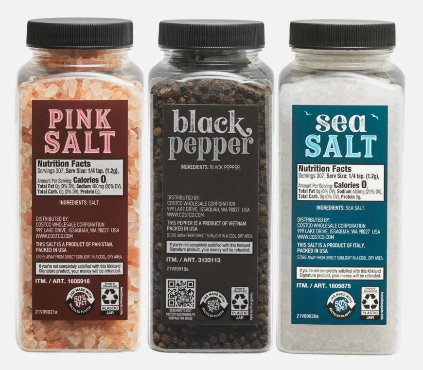 Kirkland Signature Black Pepper Corn Pink Med Sea Salt Himalayan Grinder+Refill