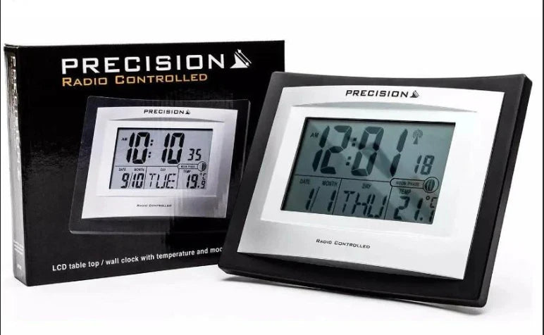 PRECISION Silver LCD Radio Controlled Alarm Clock, Black AP046