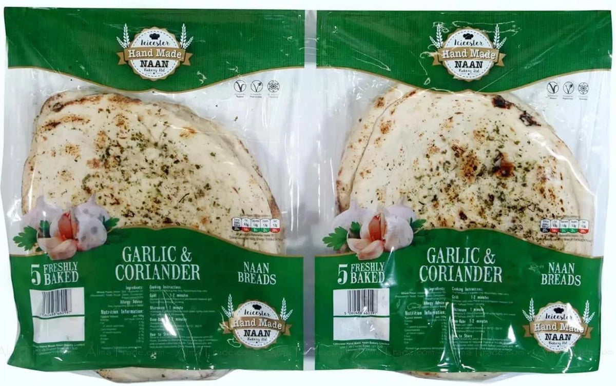 Leicester Handmade Garlic and Coriander Naans Bread Vegan Kosher 2 x 5 Pcs pack