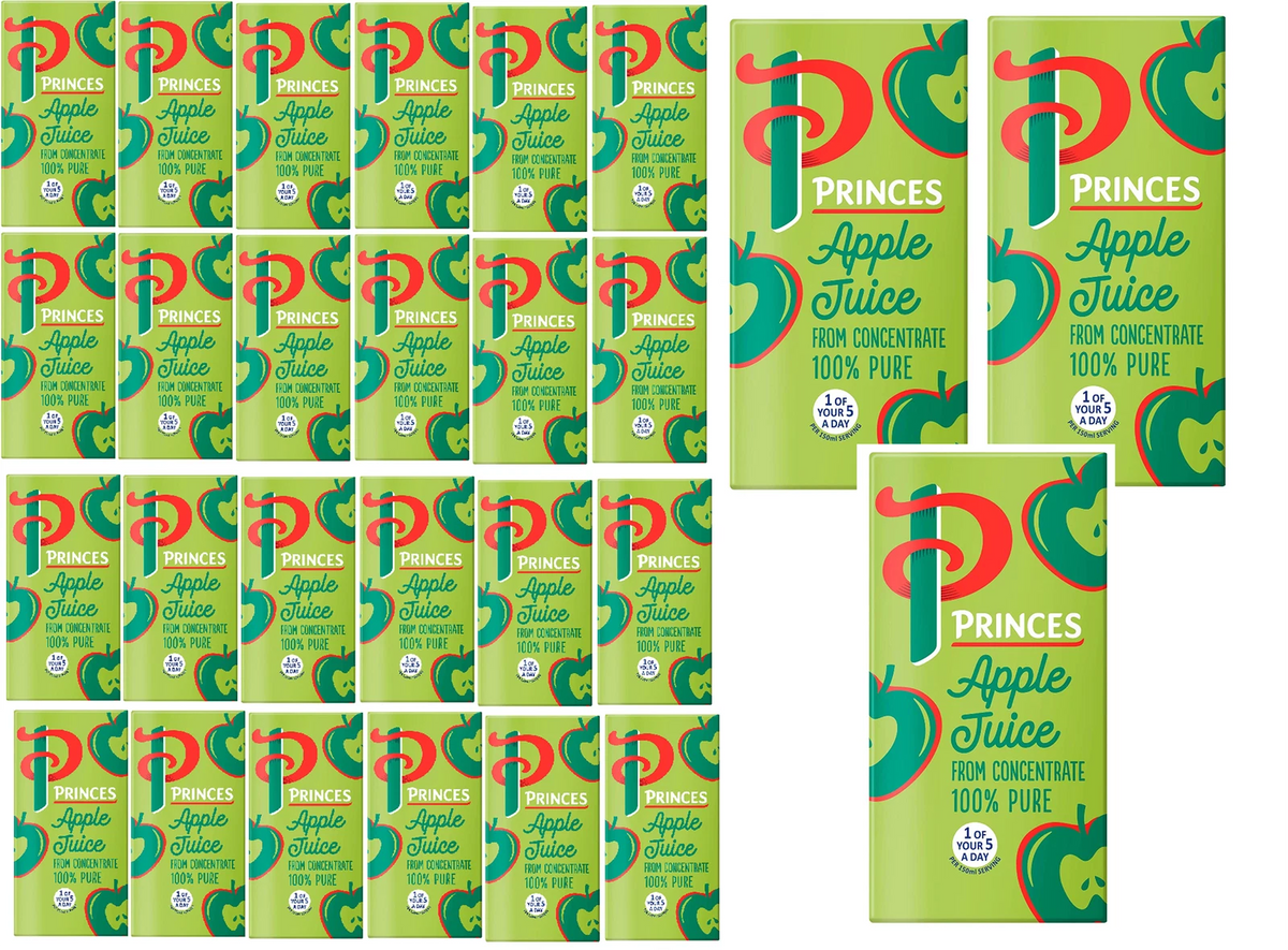 Princes Apple Juice From Concentrate 100% Pure Juice Carton Box Pack 27 x 200ml