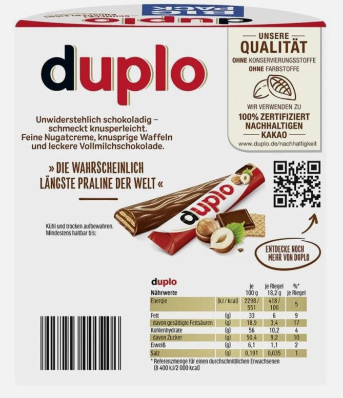 Ferrero Duplo Milk Chocolate Crispy Wafer Cream Filling Bars 327g Pack 18x 18.2g