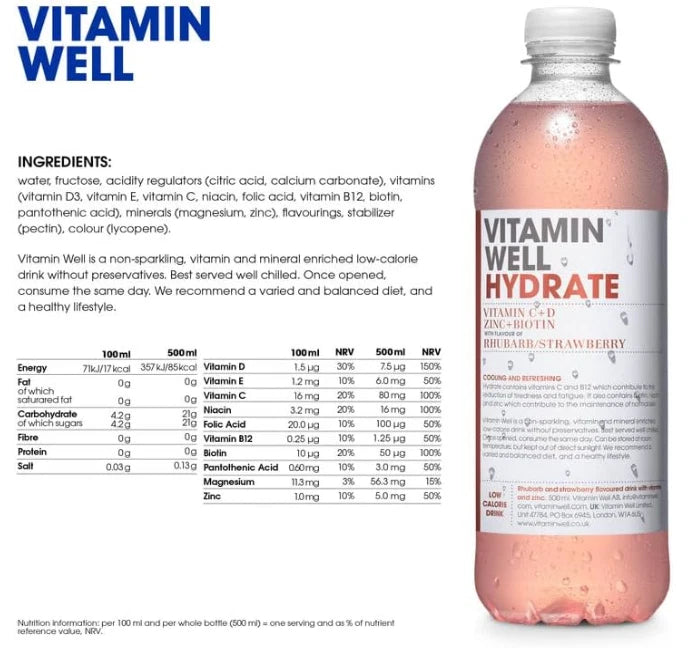 Vitamin Well Hydrate Rhubarb/Strawberry Functional Flavoured Water, 500ml x 12