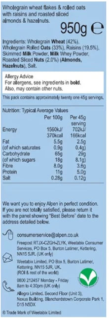 Alpen No Added Sugar Muesli with Raisins, Nuts and Rolled Oats 2 x 950g