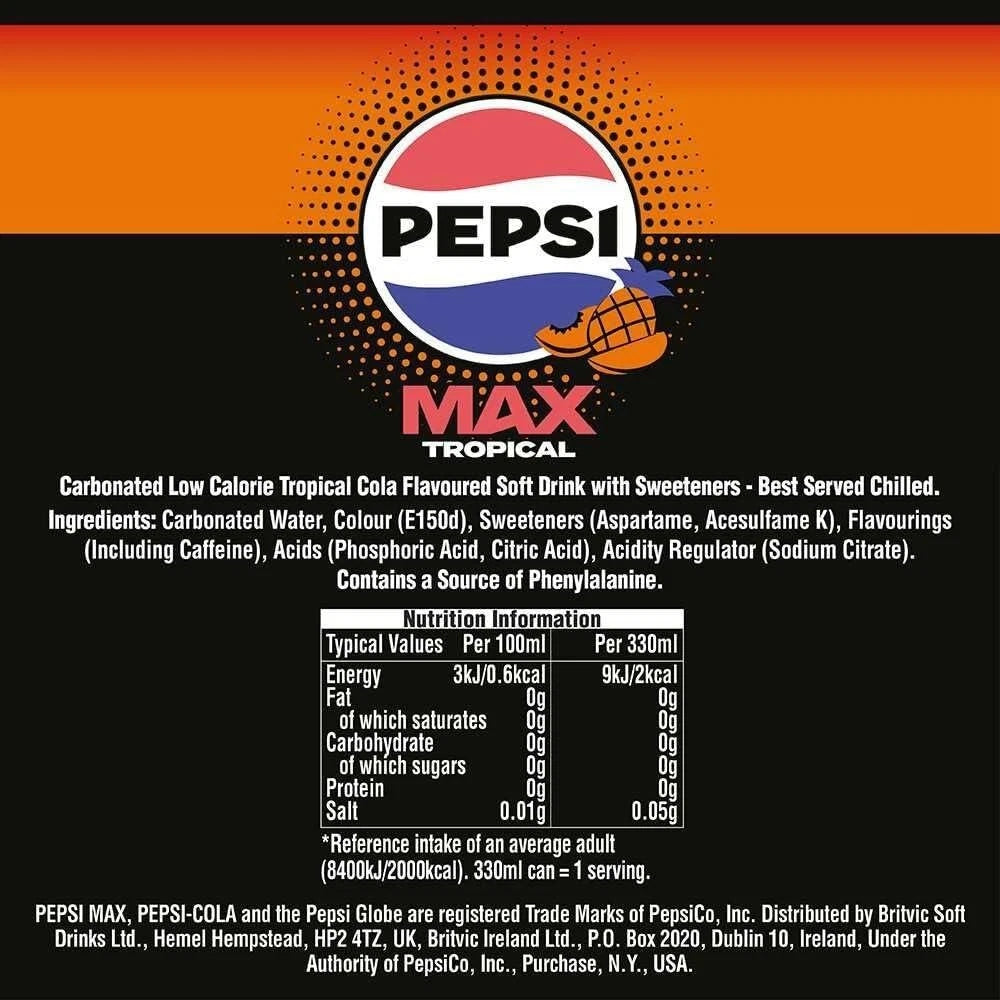 Pepsi Max Tropical 500ml Bottle No Sugar Soft Drink Refreshing Cola Bottle 12