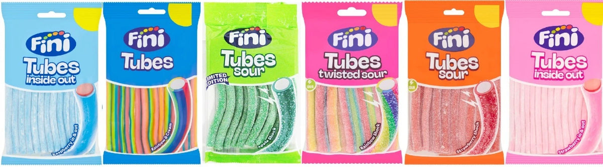 Fini Tubes Twisted Sour Mix Fruits Raspberry Rainbow & Cream 140g Bag Pack of 12