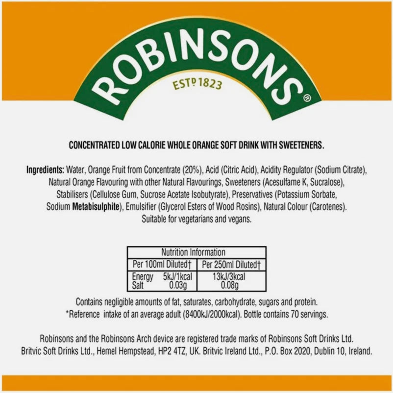 Robinsons Real Fruit Double Strength Orange Squash Juice No Sugar Pack 6 x 1.75L