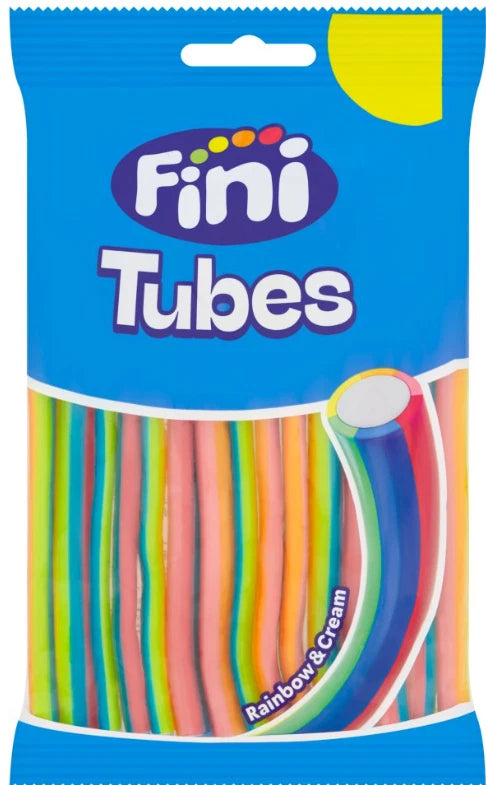 Fini Tubes Twisted Sour Mix Fruits Raspberry Rainbow & Cream 140g Bag Pack of 12