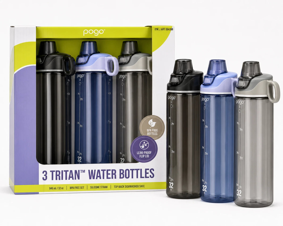 Pogo Tritan 946ml Water Bottle 3-Pack Flip Lid Silicone Straw BPA-Free