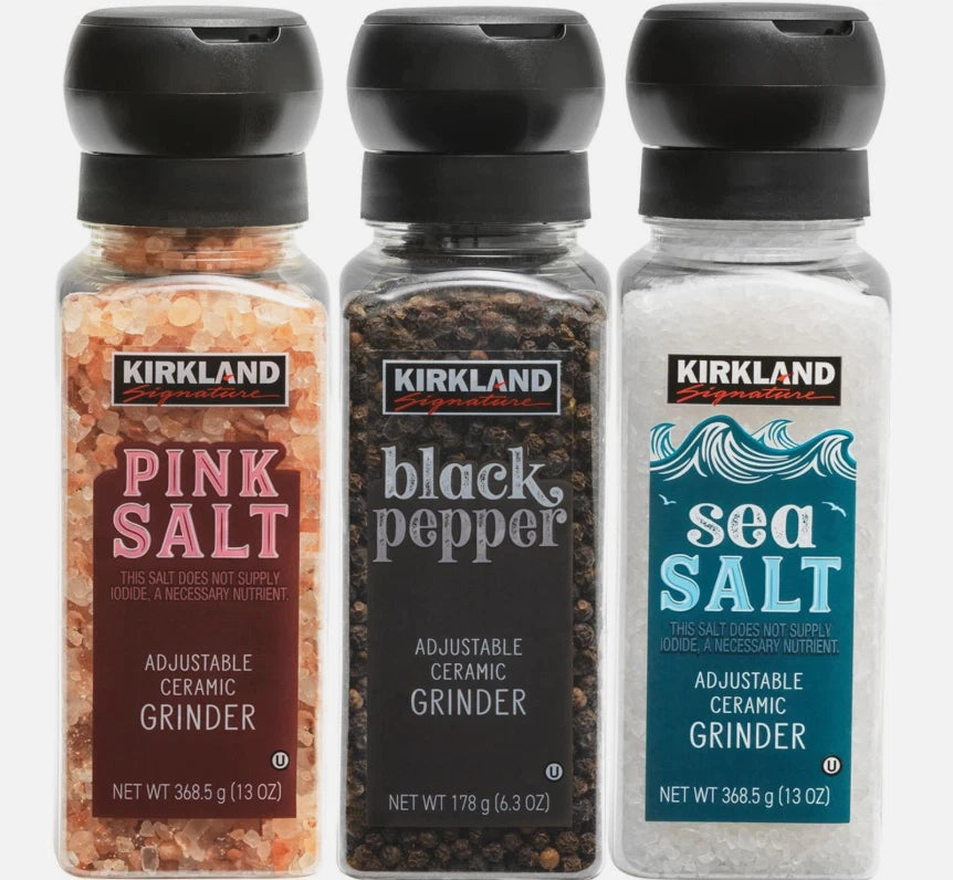 Kirkland Signature Black Pepper Corn Pink Med Sea Salt Himalayan Grinder+Refill