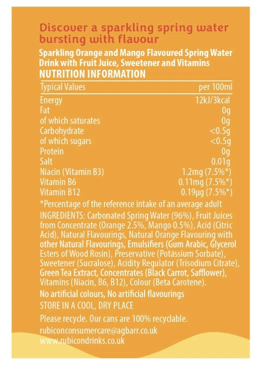 Rubicon Spring Orange Mango Sparkling Water Bottle 500ml x12