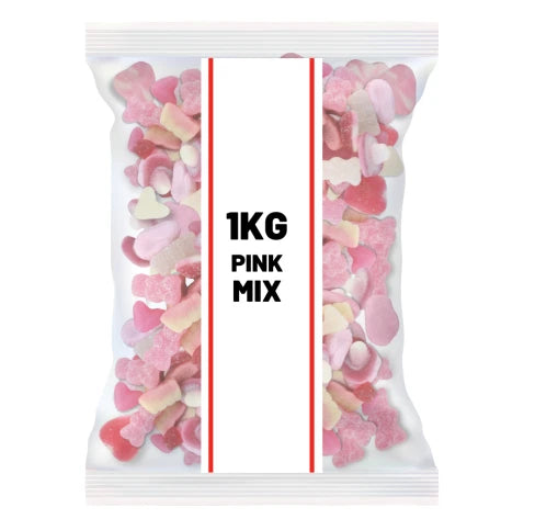 Pink Mix Sweets, 1kg Assorted Chewy and Fizzy Candy, Hearts, Rings