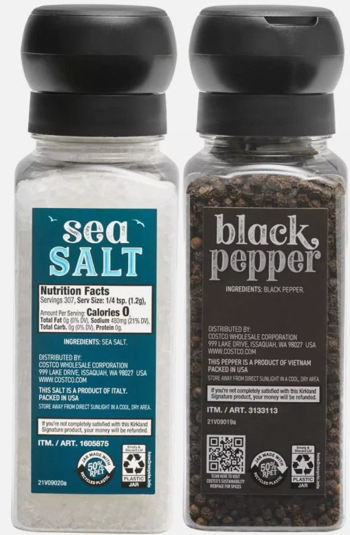 Kirkland Signature Black Pepper Corn Sea Salt Spice Adjustable Grinder + Refill