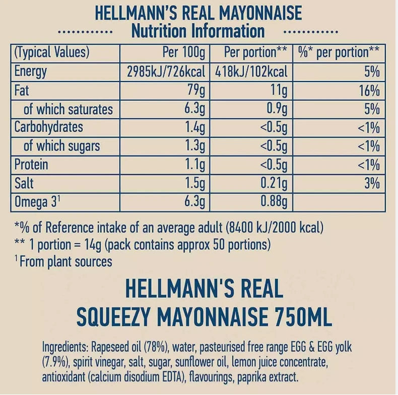 Hellmann's Real Squeezy Creamy Mayonnaise Mayo Sauce Salad Burger Pack 2 x 750ml