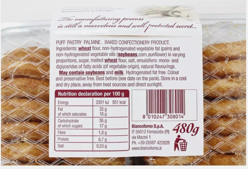 Biancoforno Puff Pastry Palmine Italian Tuscany Baked Crispy 34Pastrie Pack 480g