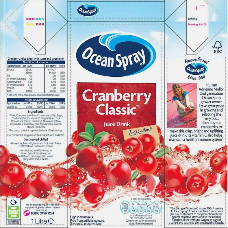 Oceanspray Cranberry Classic Sweet Juice Drink Ocean Spray - Pack of 12 x 1Litre