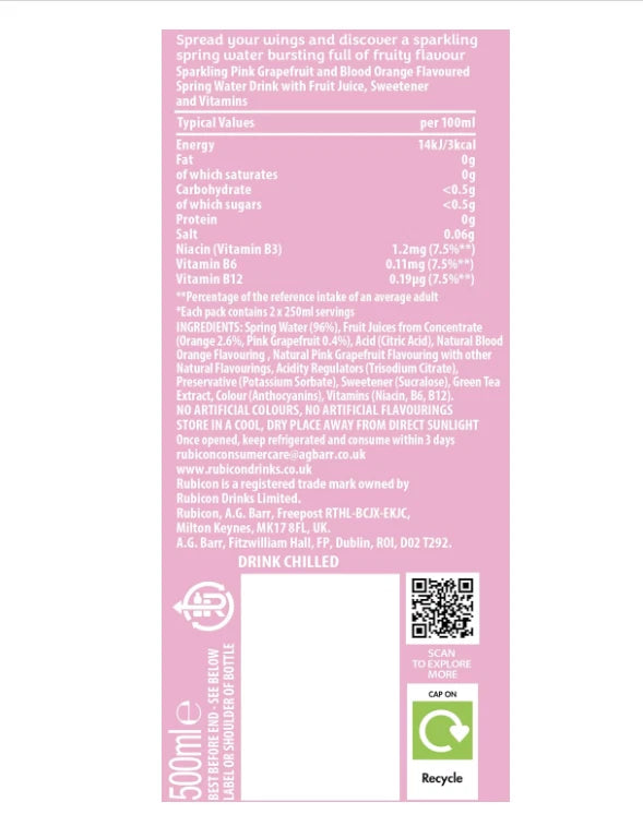 Rubicon Spring Pink Grapefruit Blood Orange Sparkling Spring Water 500ml x 12