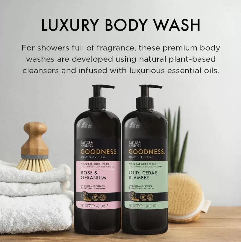 Baylis & Harding Goodness Body Wash Oud Cedar Amber + Rose Geranium Pack 2 x 1L