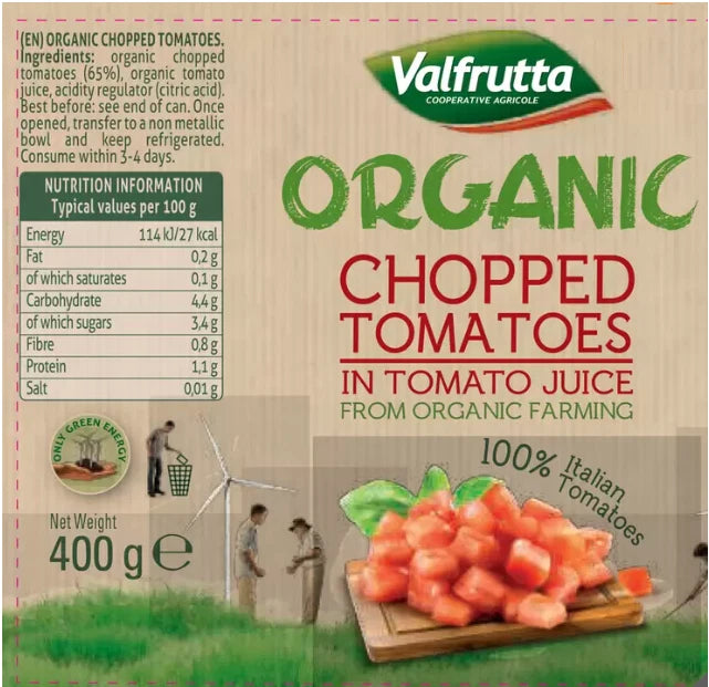 Valfrutta Organic Chopped 100% Italian Tinned Tomatoes 400g - 12 Tin Pack