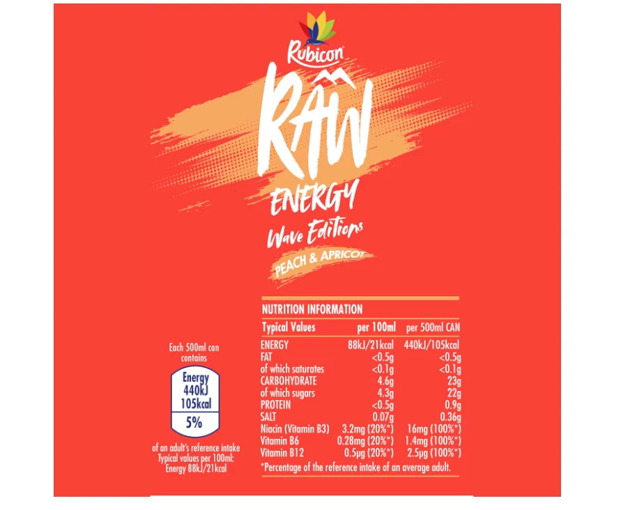 Rubicon Raw Energy Wave Editions Peach & Apricot 500ml x 12