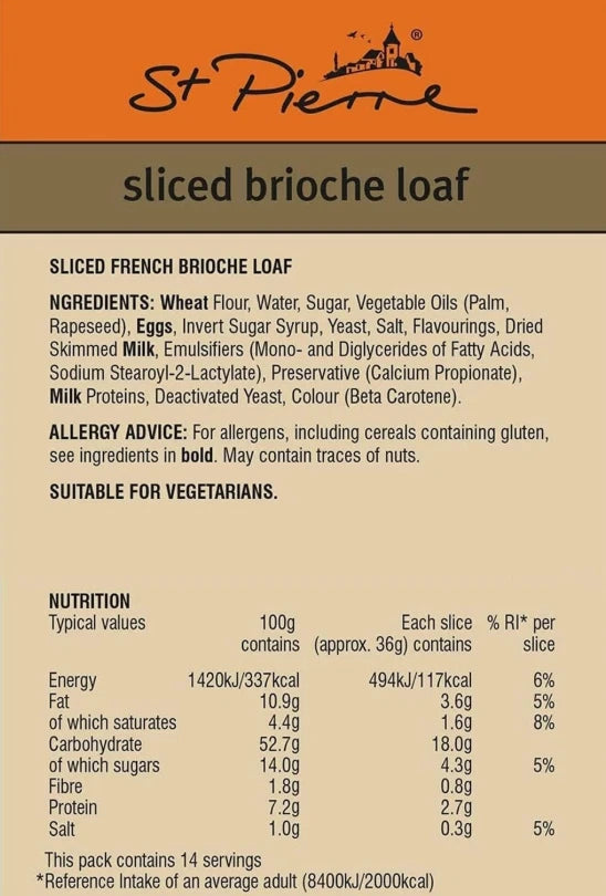 St Pierre Brioche Loaf Pri-sliced Soft Tasty Light Sweet Toast Bread Pack 2x500g