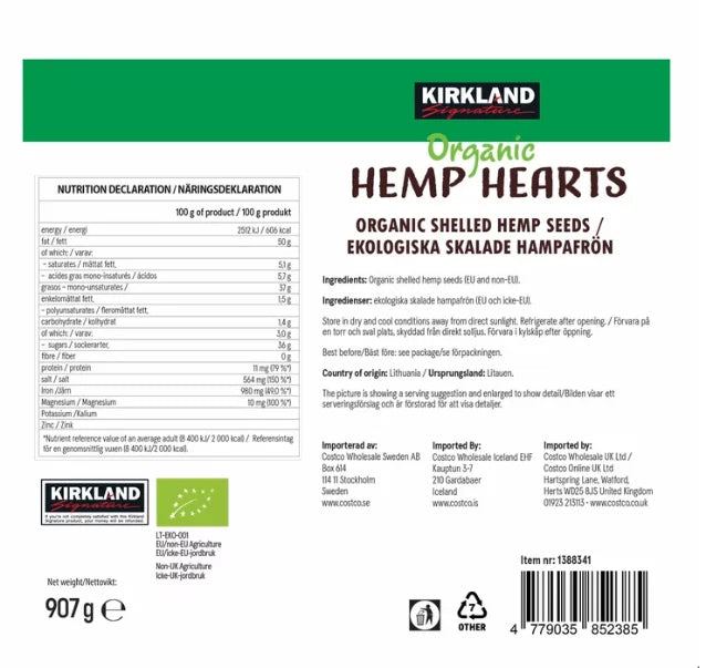 Kirkland Signature Organic Hemp Hearts Shelled Seeds Gluten Free USDA Pack 907g