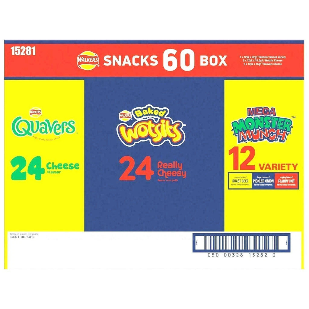 Walkers Snack Crisps Variety Chips Wotsits Quavers Monster Munch Box Pack of 60