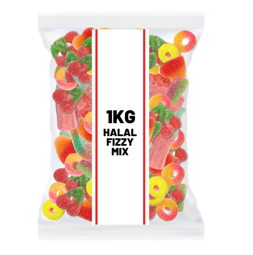 Halal Fizzy Mix Sweets, 1kg Bag, Assorted Sour and Fruity Gummies