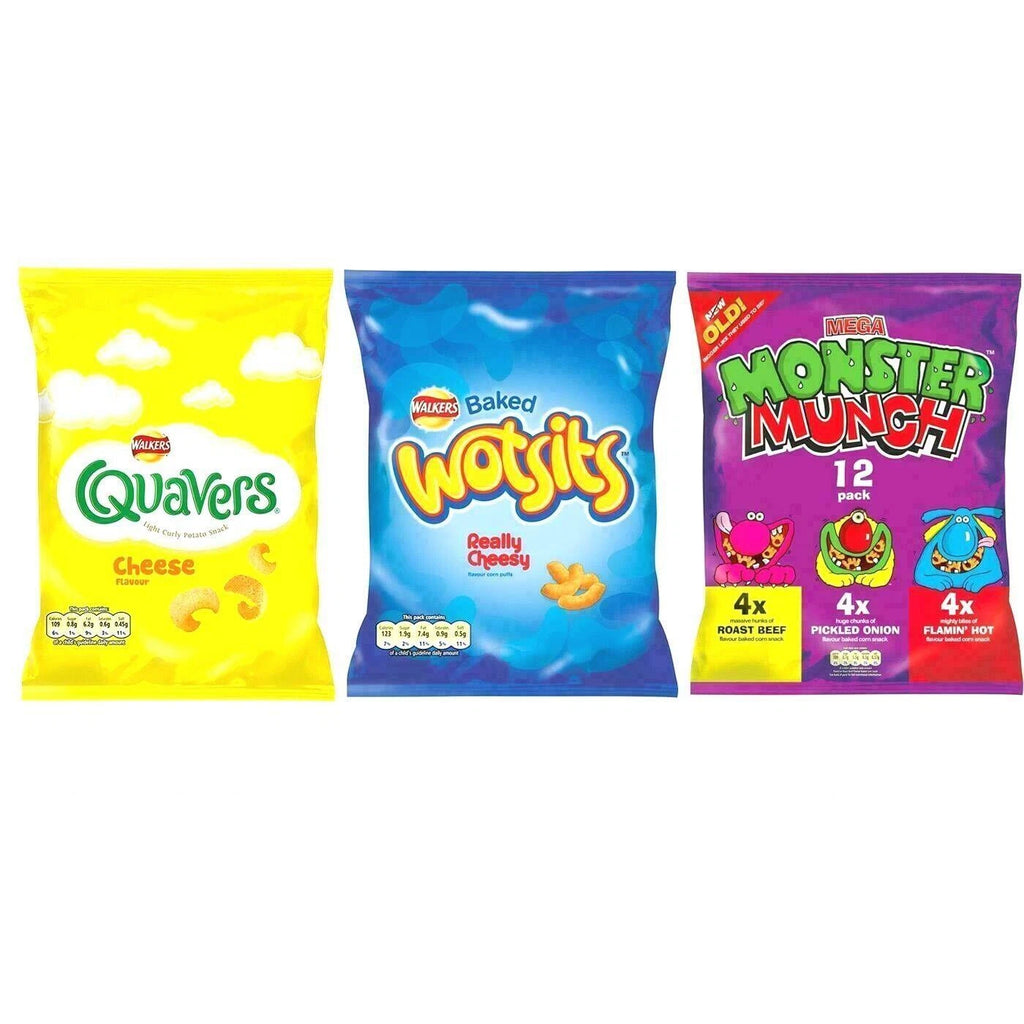 Walkers Snack Crisps Variety Chips Wotsits Quavers Monster Munch Box Pack of 60