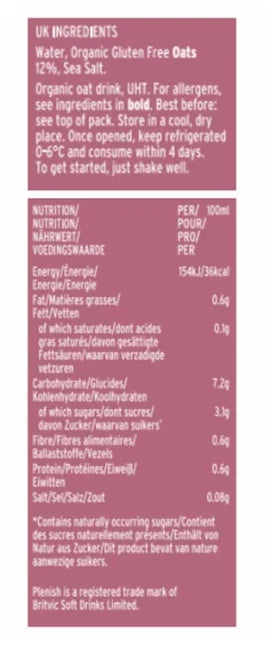 Plenish Organic Unsweetened Oat Milk 1L (Pack of 8)