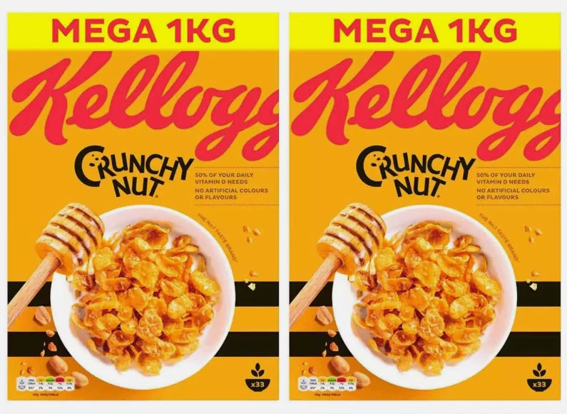 Kellogg's Crunchy Nut Sugar & Honey Golden Cornflake Breakfast Cereal Pack 2x1kg