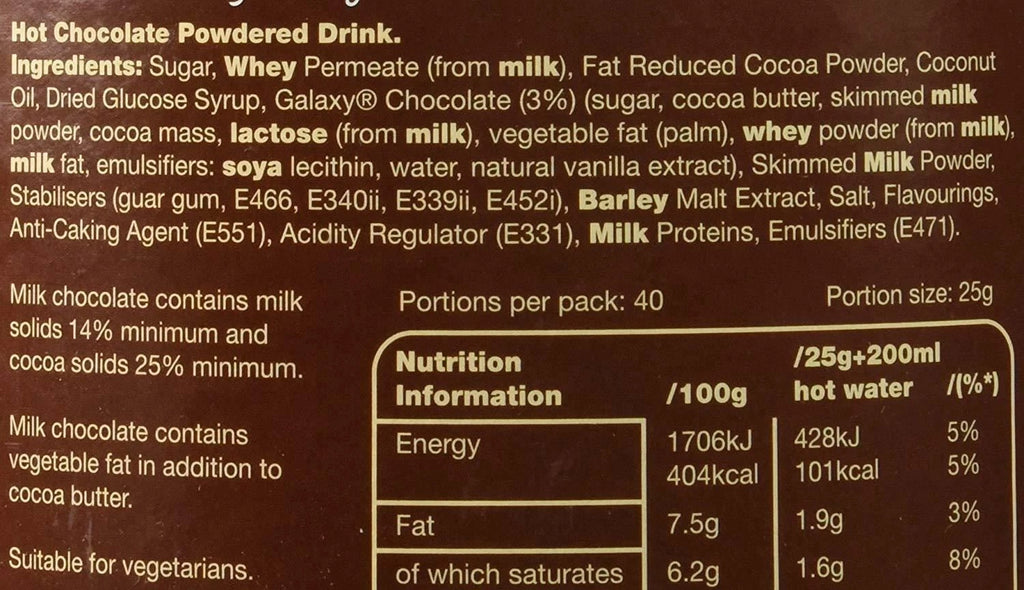 Galaxy Instant Hot Chocolate Drink Powder 1kg Tin, Just Add Water