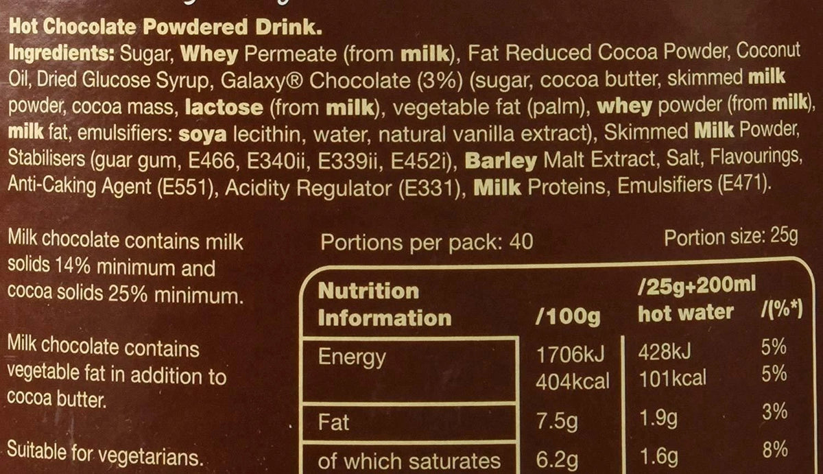 Galaxy Instant Hot Chocolate Drink Powder 1kg Tin, Just Add Water