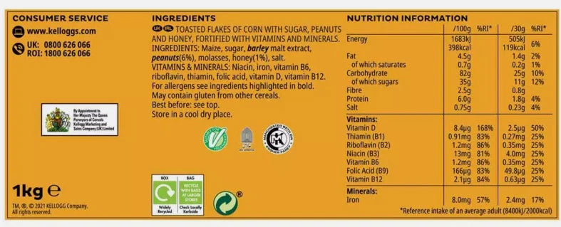 Kellogg's Crunchy Nut Sugar & Honey Golden Cornflake Breakfast Cereal Pack 2x1kg