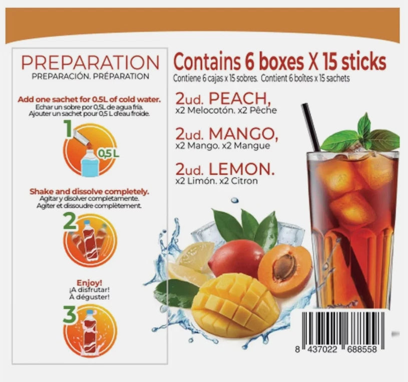 Castello Iced Tea 3 Mix Flavours Peach Lemon Mango Sachets Sticks Pack 6 x 45g