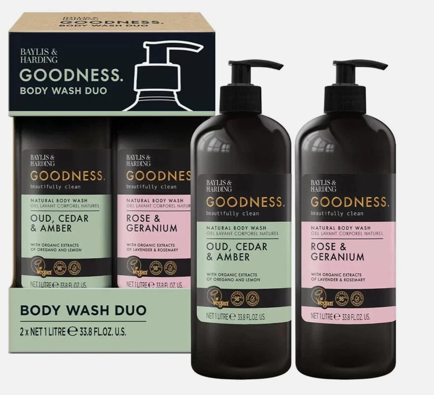 Baylis & Harding Goodness Body Wash Oud Cedar Amber + Rose Geranium Pack 2 x 1L