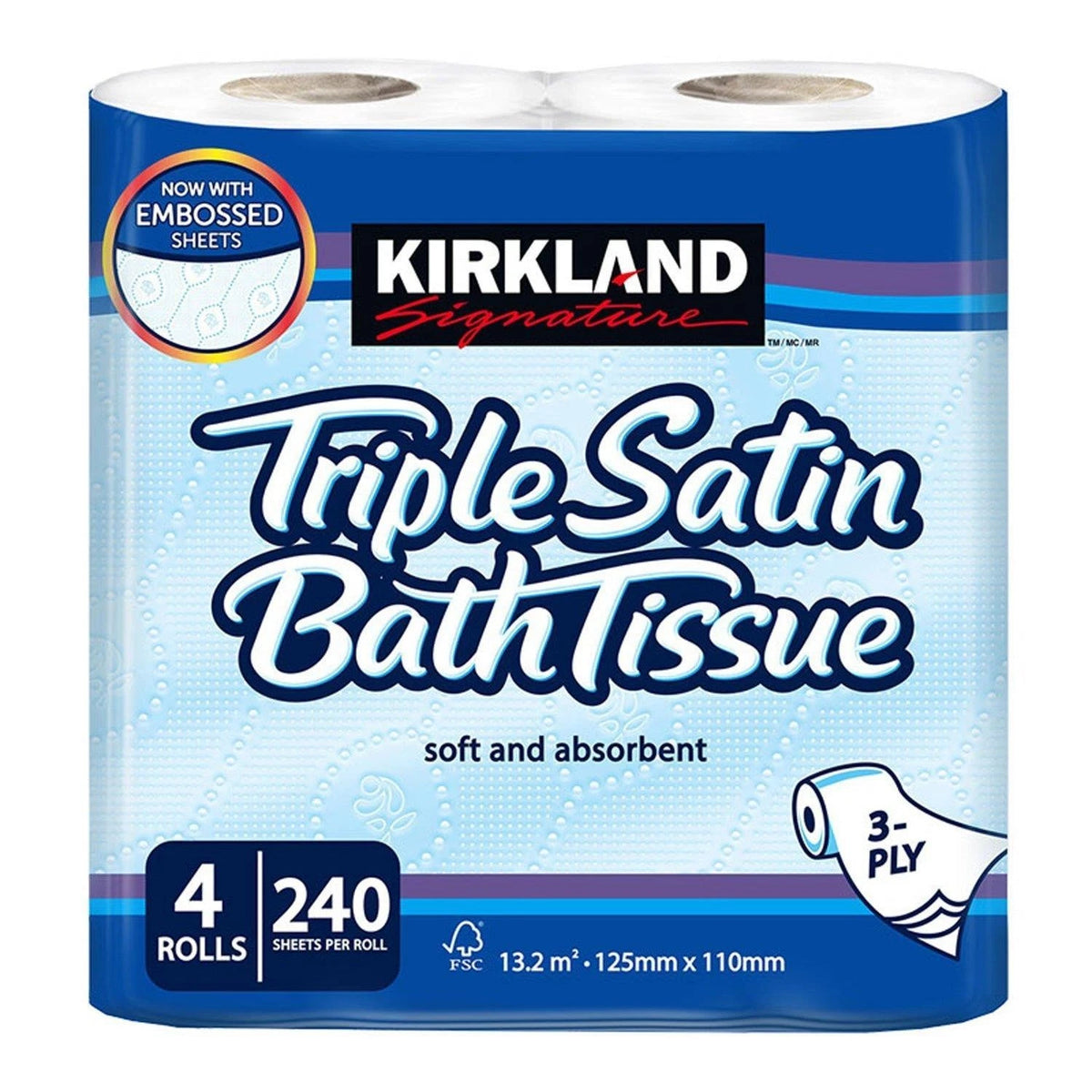 Kirkland Signature Triple Satin 3-Ply Toilet Tissue 240 Sheets Pack of 20 Rolls