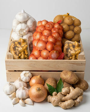 Fresh Vegetables Onions 2.5kg, Garlic 1kg, Ginger 1kg, Potatoes 5kg Bag