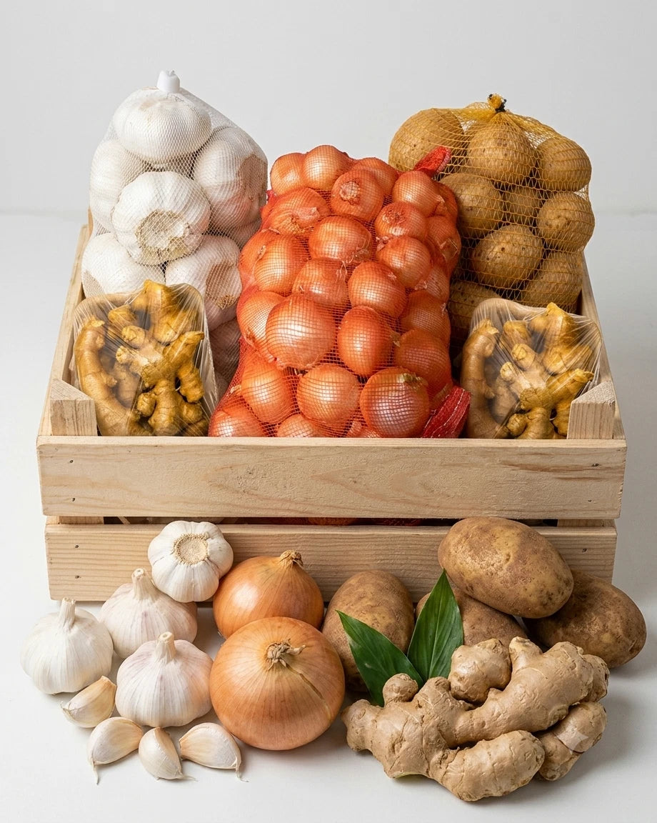 Fresh Vegetables Onions 2.5kg, Garlic 1kg, Ginger 1kg, Potatoes 5kg Bag