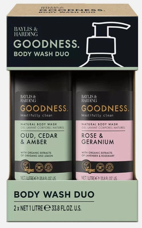 Baylis & Harding Goodness Body Wash Oud Cedar Amber + Rose Geranium Pack 2 x 1L