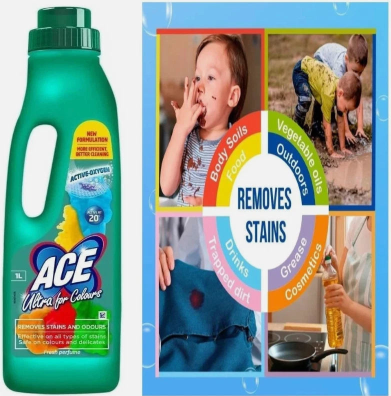 ACE Ultra Fabric Stain Remover Liquid For Whites & Colours 1L - Pack OF 2