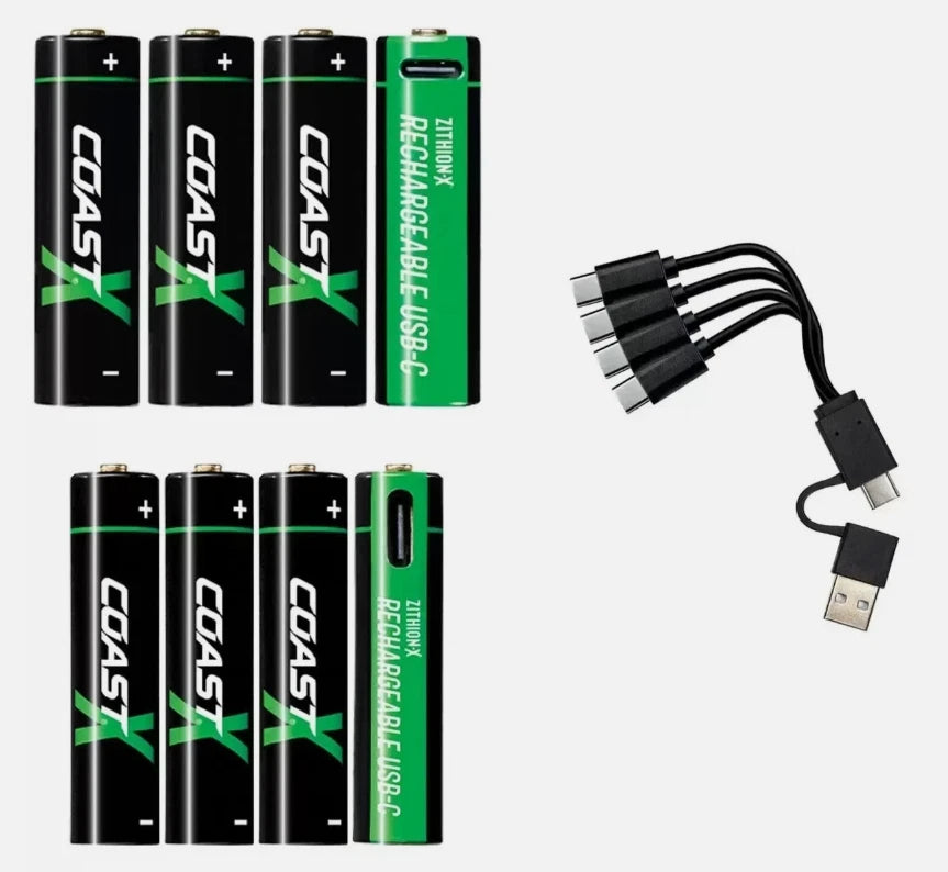 COAST ZITHION-X AA & AAA USB-C Rechargeable Lithium Batteries (8 Pack + Cable