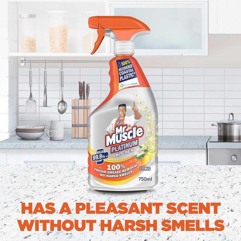Mr Muscle Kitchen Cleaner, Platinum Antibacterial Spray, Citrus, 750ml Pack of 6