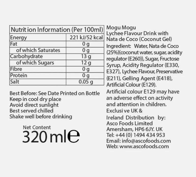 Mogu Mogu Nata De Coco Bites Lychee Flavoured Vegan Drink Bottle Pack 24 x 320ml