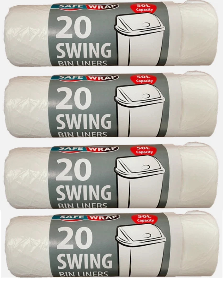 Safewrap Swing Bin Liners 50L Capacity, 20 Bags per Roll Pack of 4