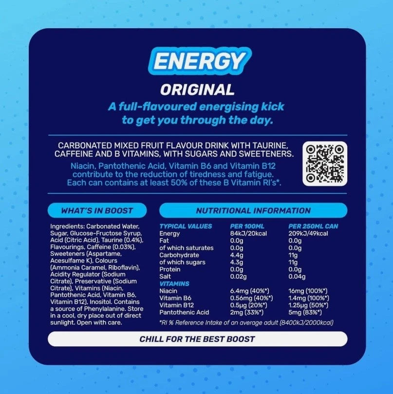 Boost Energy Drink Original Flavour 250ml Cans, With Caffeine, Pack of 24