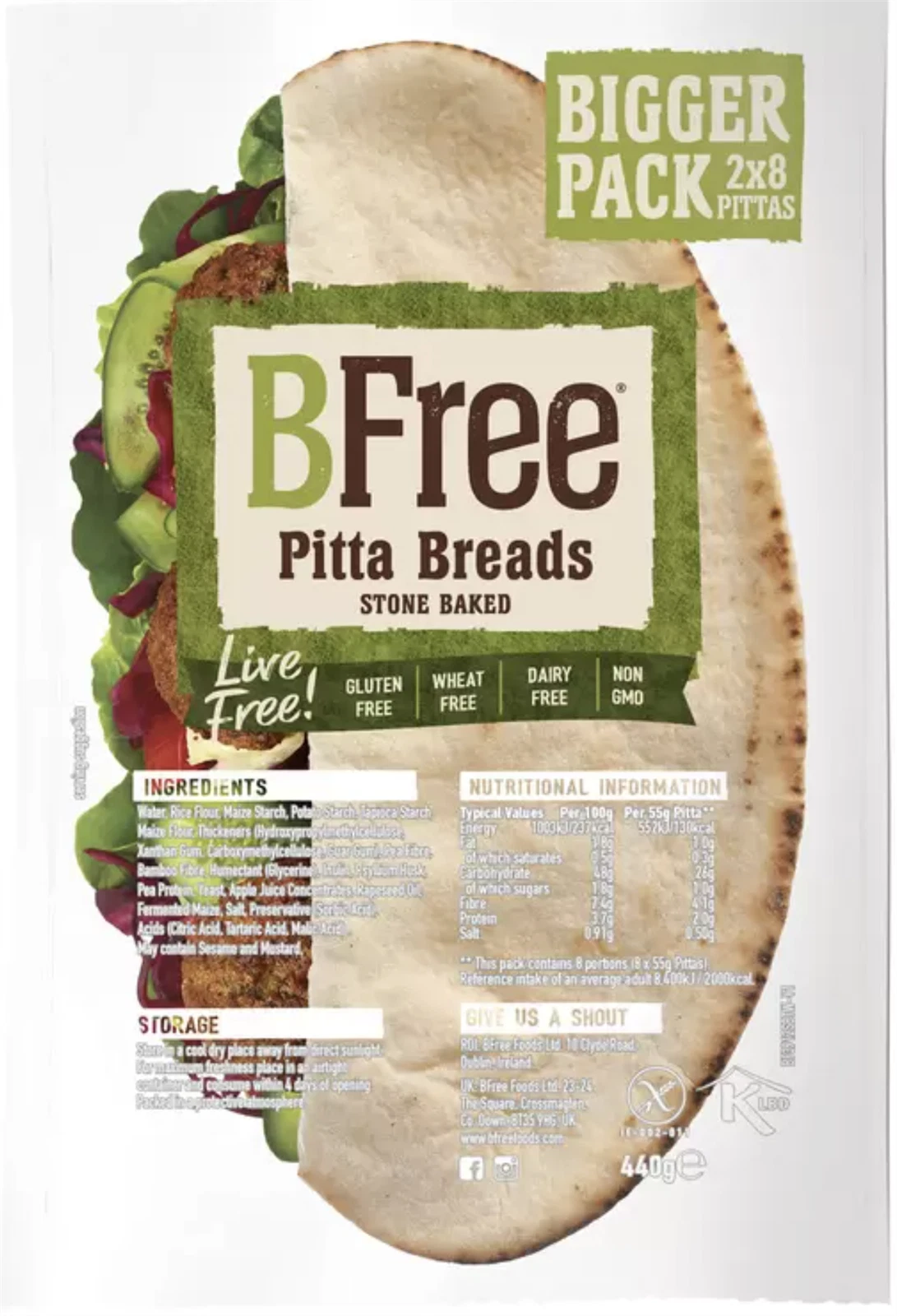BFree Stone Baked Pitta Bread Wheat Dairy Gluten Free Kosher Vegan Pack 2x8 Pcs