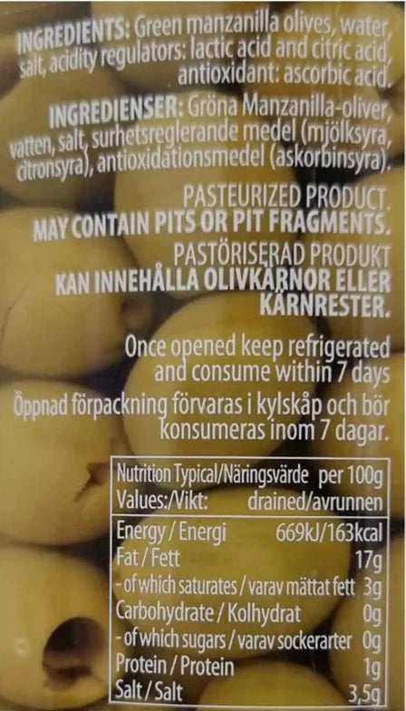 Manzanilla Pitted Green Olives Mediterranaean Snack Large Jar Spain Pack 2x 940g
